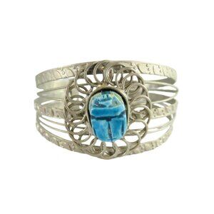 Egyptian Revival Solitaire Scarab Cuff Bracelet - 7 1/4"